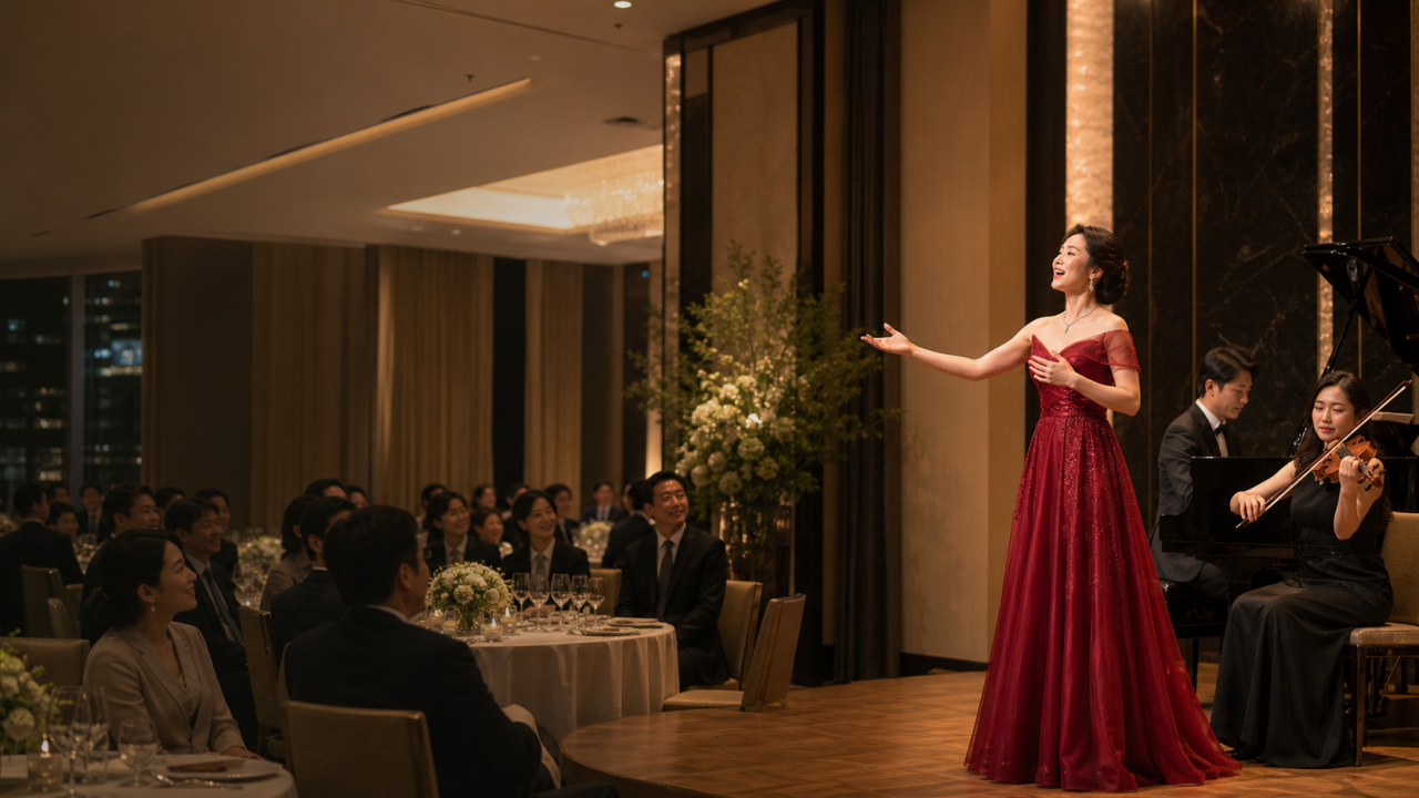 高級ホテルの懇親会で生演奏を楽しむ企業パーティーの様子