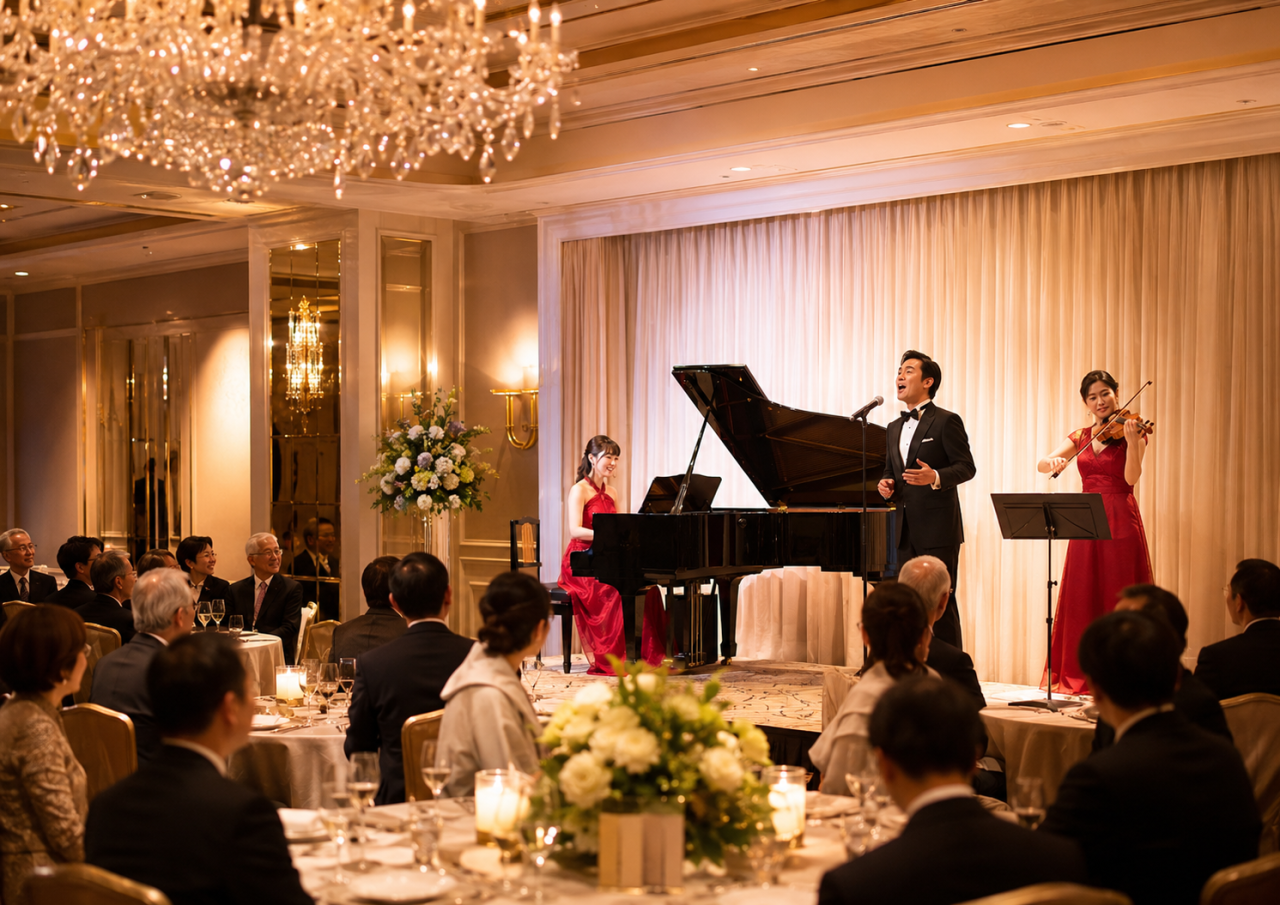 ロータリークラブの周年記念祝賀会にふさわしいホテル宴会での上品な生演奏余興