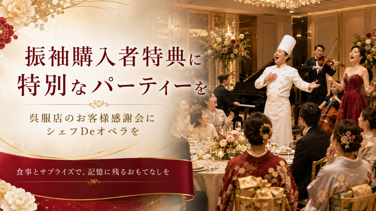 振袖購入者特典に特別なパーティーを。呉服店のお客様感謝会にシェフDeオペラを