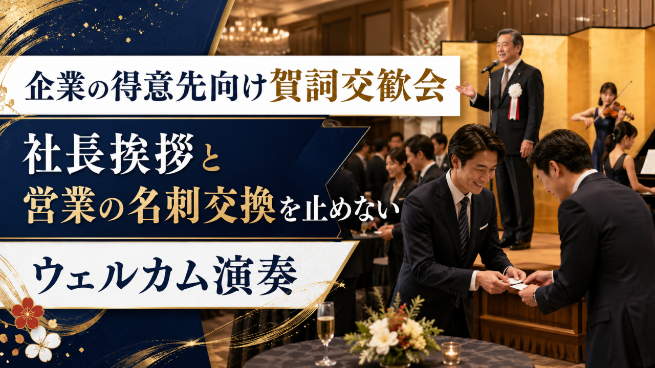 企業の得意先向け賀詞交歓会｜社長挨拶と営業の名刺交換を止めないウェルカム演奏